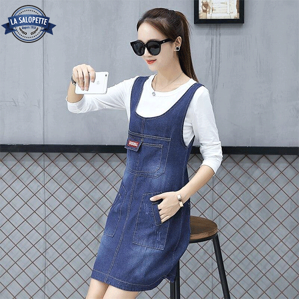 Robe Salopette Courte Jean Bleue