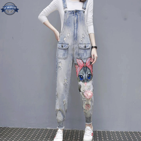 Latzhose aus Jeans Katze Rosy