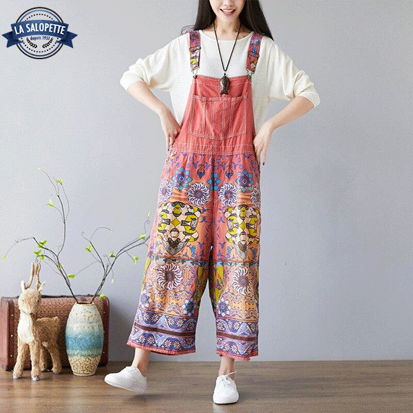 Latzhosen-Kleid mit Vintage-Muster
