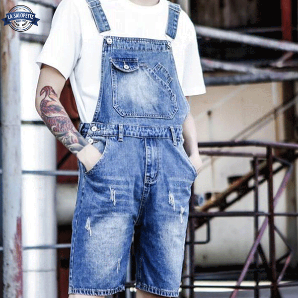 Latzhose Short Denim Washed Blue Mann