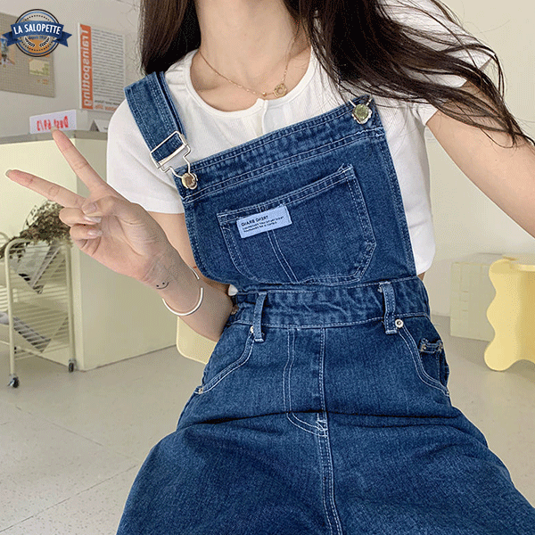 Preußische Denim-Latzhose mit hohem Bund