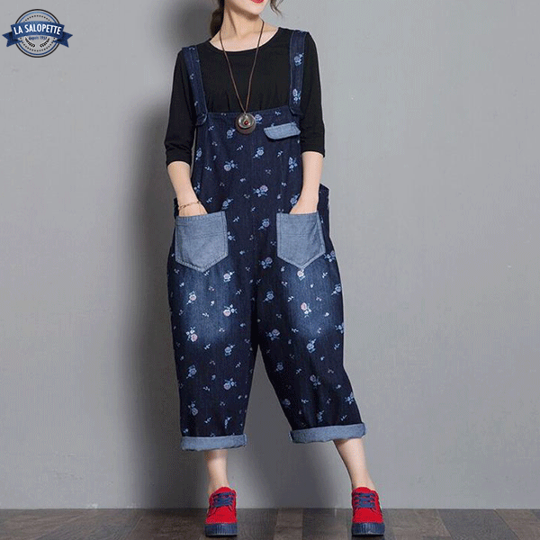 Blaue Jeanslatzhose mit Blumenmuster